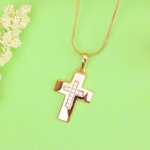 "Rose Gold Cross Pendant with Inset CZ Accents in Glossy Finish, XPPT1847 - Picture 10 of 13